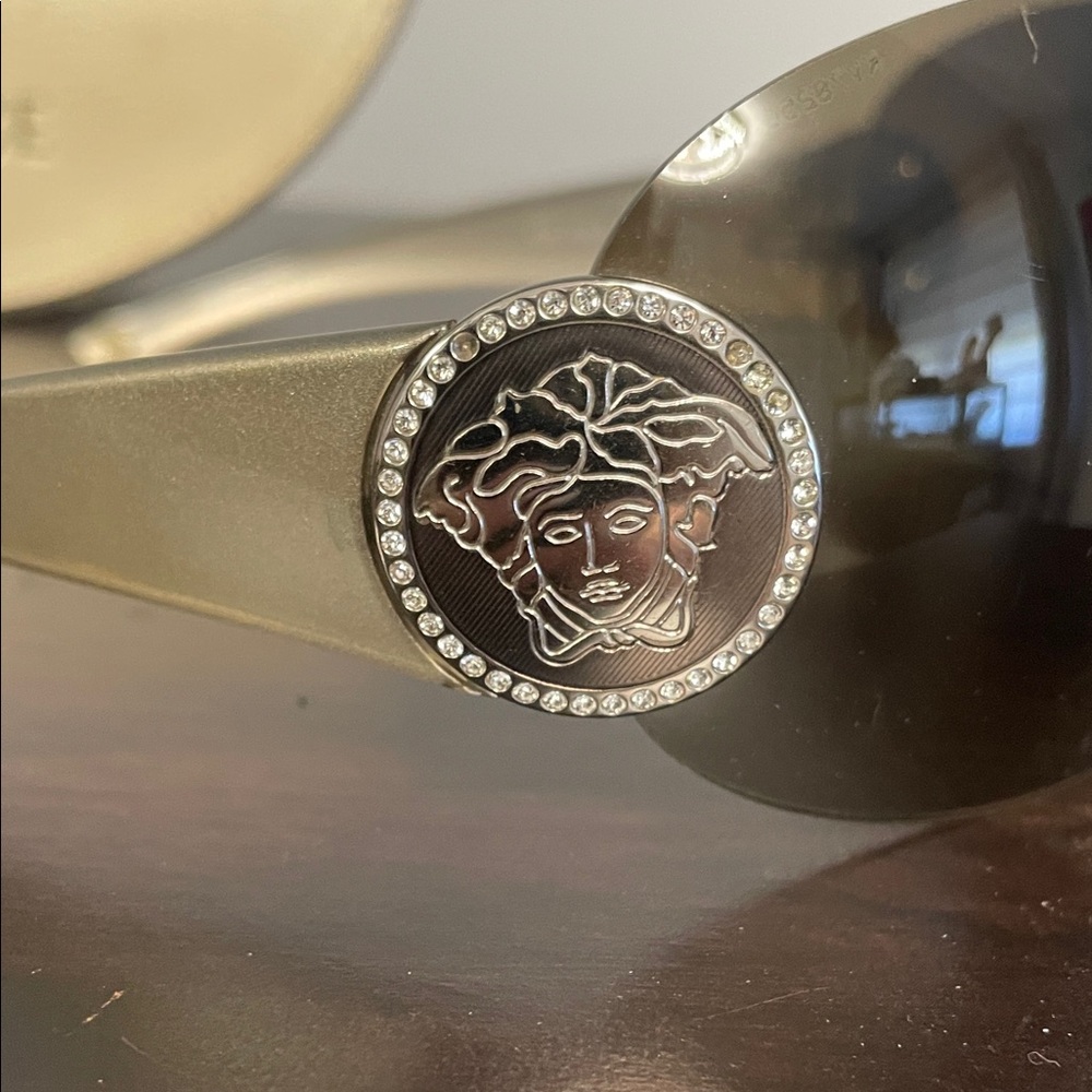Versace Women's Shield Sunglasses in Black with silver Accents - Picture 2 of 9